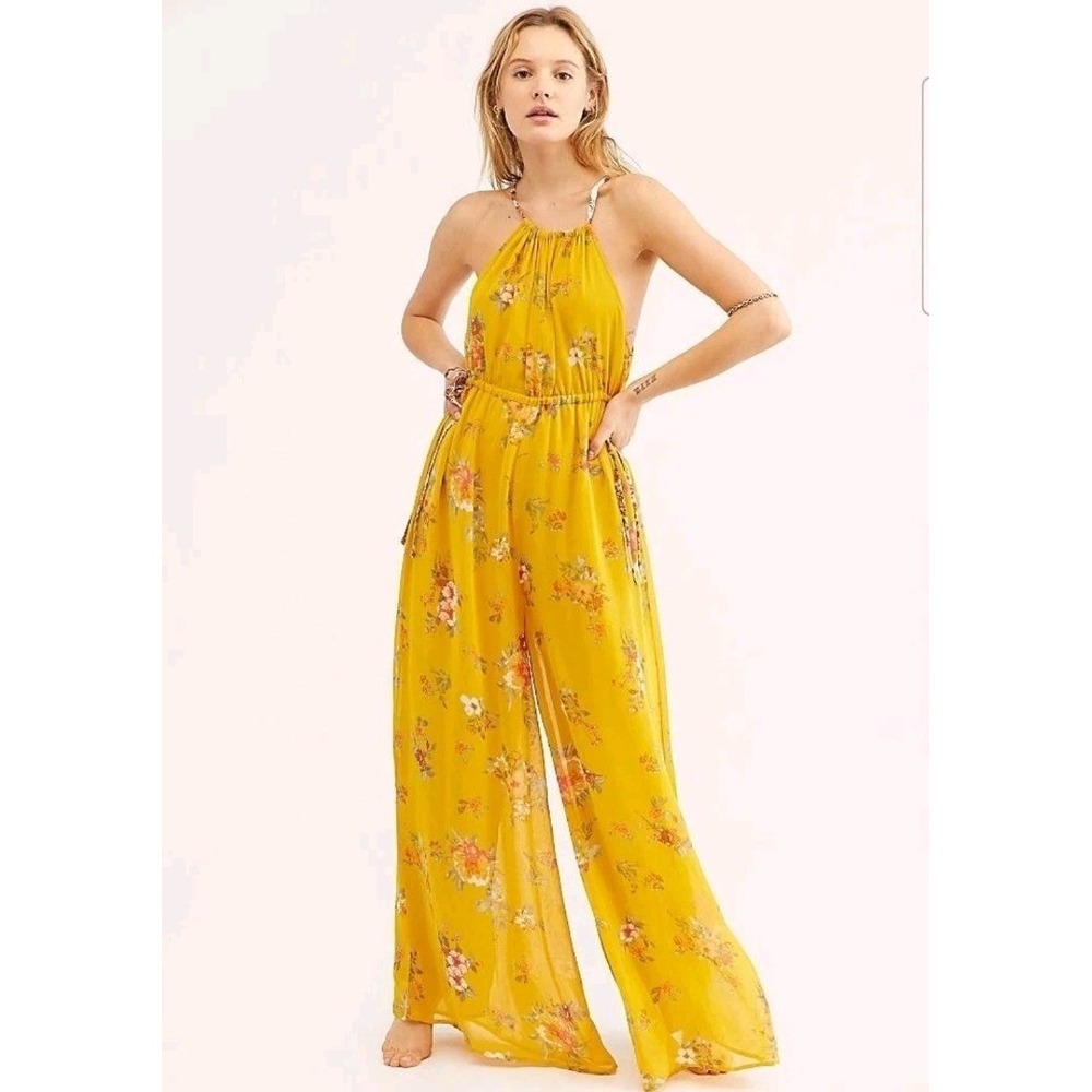 Free People Women's XS Georgia Mustard Floral Boho Jumpsuit Cottagecore Prairie